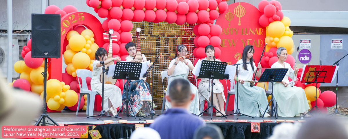 Performers on stage as part of Council&rsquo;s Lunar New Year Night Market, 2025.
